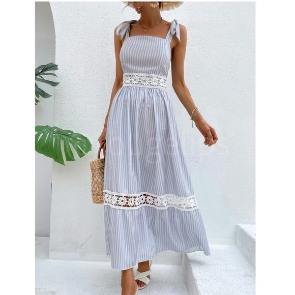 White Crochet Trim Striped Blue Maxi Dress Tie Straps Square Neck Flowy Flared - Picture 4 of 8